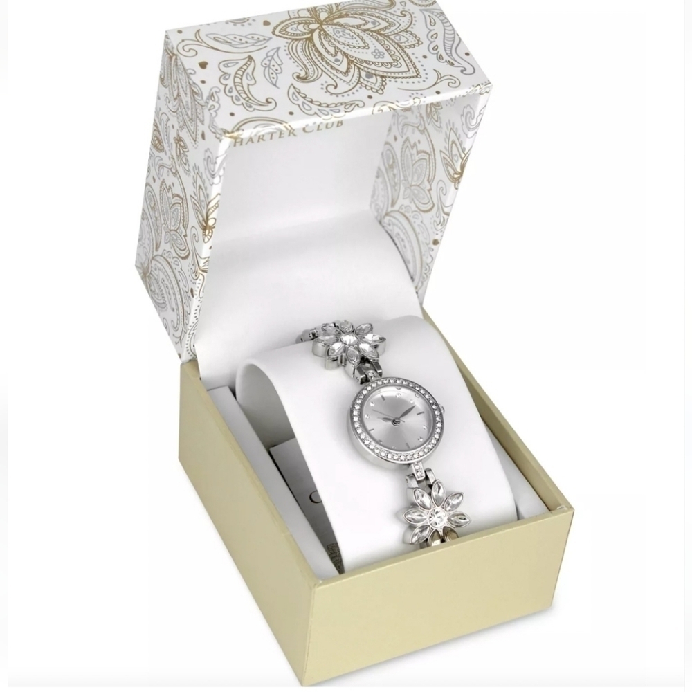 NIB Charter Club Silver-Tone Crystal Flower Women Bracelet Quartz Watch 25 MM